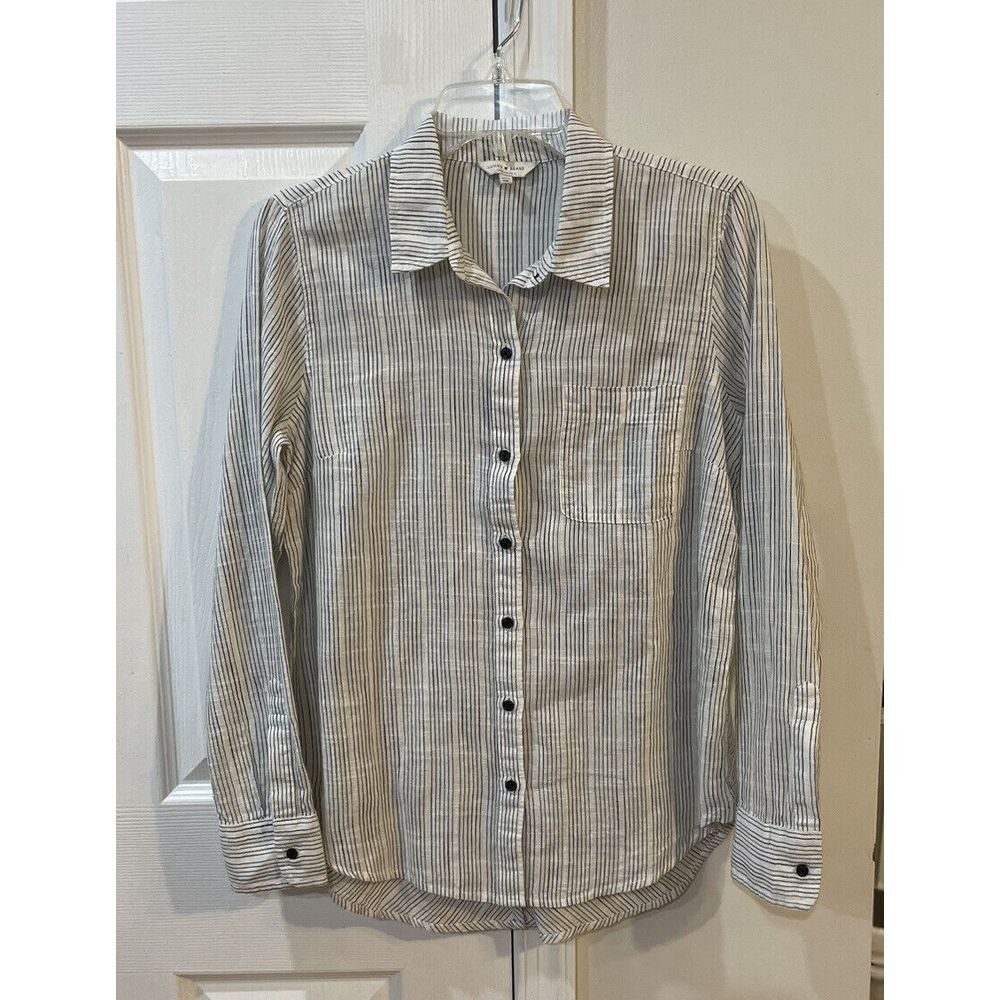 Lucky Brand Women's White Black Striped Long Tail Button Up Top Size S